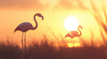 Graceful flamingos in silhouette, bathed in golden sunset light, creating a tranquil scene.の素材