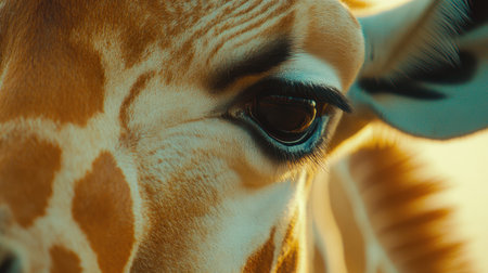 Giraffe eye and face close-up, soft gaze, close detail on eye and face textures, clear focus.の素材
