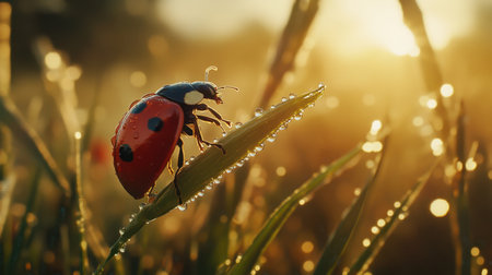 Ladybug on a dewy blade of grass, sparkling droplets capturing morning serenity.の素材
