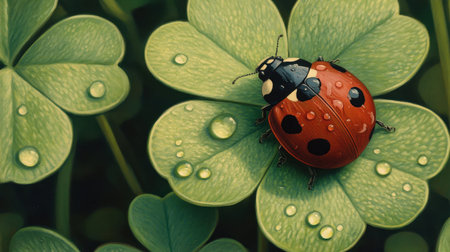 Ladybug crawling on a dewy four-leaf clover, glistening droplets on fresh green leaves.の素材