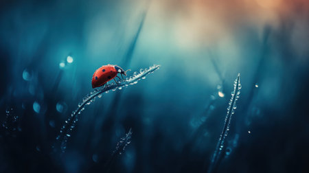 Ladybug on a dew-speckled blade of grass, peaceful and delicate nature scene up close.の素材