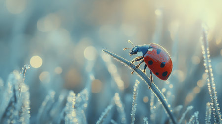 Ladybug perched on a grass blade, dew drops glistening around, a serene nature close-up.の素材