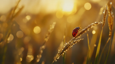 Ladybug on a dew-speckled blade of grass, peaceful and delicate nature scene up close.の素材