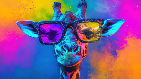 Giraffe in oversized, vibrant glasses, surreal multicolor backdrop, quirky fantasy feel.の素材