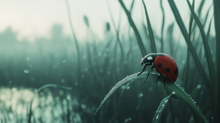 Ladybug on a dewy blade of grass, sparkling droplets capturing morning serenity.の素材
