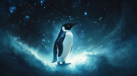 Majestic astral penguin against a dark galaxy, surrounded by stars and ethereal light.の素材
