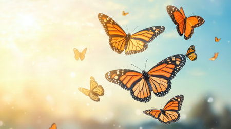 Monarch butterflies in flight, fluttering in unison with a backdrop of bright, clear skiesの素材