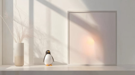 Minimalistic white frame mockup on wall, penguin doll by the frosted window, adding a warm touchの素材