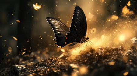 Majestic night butterfly surrounded by gold dust, glowing softly in a mysterious setting.の素材