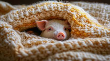 Mini pig in soft knitted blanket, calm and cozy scene capturing warmth and comfort.の素材