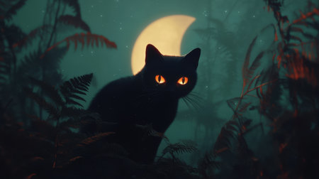 Mystical black cat under crescent moonlight, dark spooky setting with shadows and glowing eyes.の素材