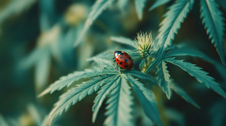 Macro shot of ladybug on a green leaf, intricate details showing nature tiny beauty.の素材