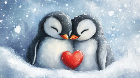 Penguin couple nestled close, snowy background setting a romantic tone for Valentine Dayの素材