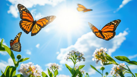 Monarch butterflies soaring across a sunny sky, wings open wide in a stunning aerial display.の素材