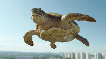 Majestic turtle in the sky over a city, a surreal and magical view merging nature with urban landscapeの素材