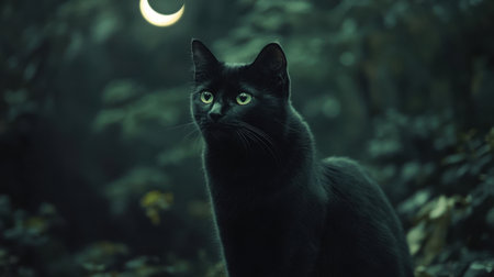 Mystical black cat under crescent moonlight, dark spooky setting with shadows and glowing eyes.の素材