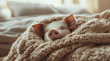 Mini pig in soft knitted blanket, calm and cozy scene capturing warmth and comfort.の素材