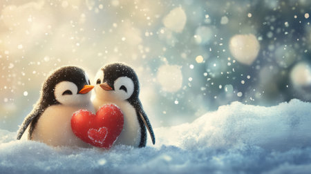 Penguins gazing at each other lovingly, creating a romantic Valentine Day setting in the snow.の素材