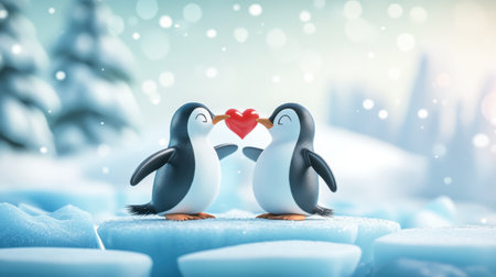 Penguins on an iceberg, flippers touching, symbolizing love and togetherness in a snowy scene.の素材