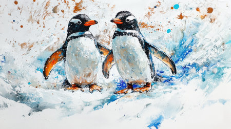 Penguin duo painted in watercolor style, set against a snowy backdrop with a gentle palette.の素材