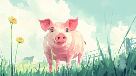 Pink pig watercolor art on a farm, gentle colors capturing a peaceful rural atmosphere.の素材