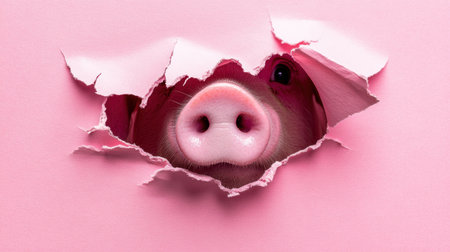 Pink pig with nose through torn paper, playful expression in close-up peek-a-boo styleの素材