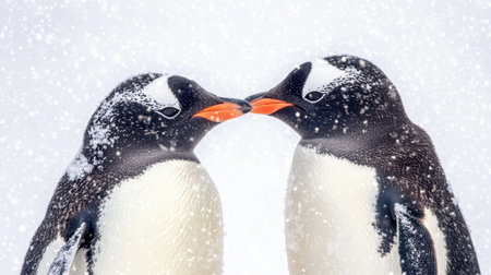 Penguin duo painted in watercolor style, set against a snowy backdrop with a gentle palette.の素材