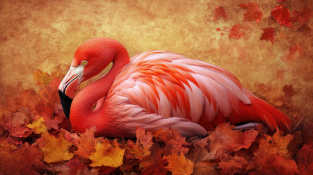Playful flamingo enjoying autumn, set against warm seasonal hues in a cheerful portrait.の素材