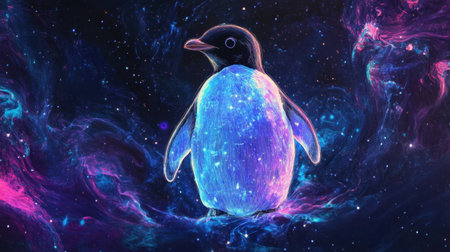 Penguin in a dark, dreamy galaxy, glowing with an astral aura among stars and cosmic swirls.の素材