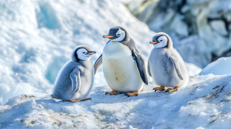 Penguin family in a watercolor style on an icy landscape, with soft blues and whites.の素材