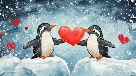 Penguins on an iceberg, flippers touching, symbolizing love and togetherness in a snowy scene.の素材