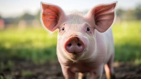 Pink pig watercolor art on a farm, gentle colors capturing a peaceful rural atmosphere.の素材