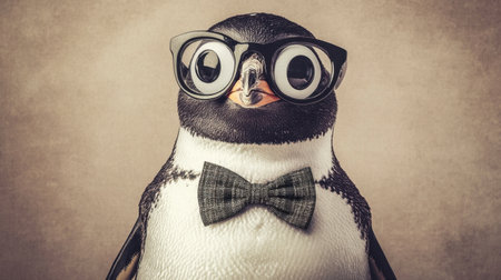 Portrait of a charming penguin wearing glasses and a bowtie, embodying a scholarly look against a neutral background.の素材