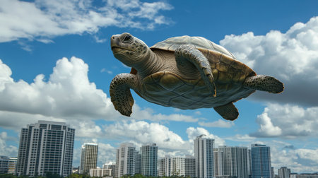 Surreal floating turtle over urban skyline, blending wildlife with city life in a dreamy sky scene.の素材