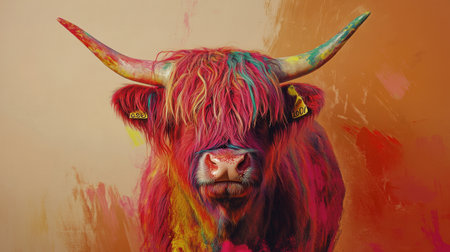 Scottish Highland cow in abstract style, bold colors on horns creating vibrant art.の素材