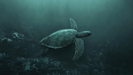 Sea turtle swimming amid plastic, a poignant view of ocean pollution impacting wildlife.の素材