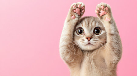 Shocked cat with wide-open eyes, paws on head, pink background with room for text.の素材