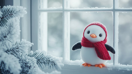 Simple white frame and penguin doll looking outside frosted window, capturing winter charm.の素材