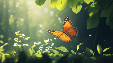 Sunlight highlights a giant butterfly on green leaves, blending beauty and nature stillness.の素材