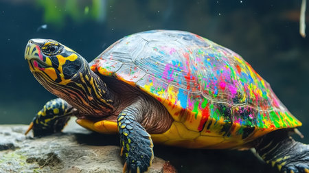 Tropical turtle with vibrant paint splatters on shell, blending artistic style with natural habitat.の素材