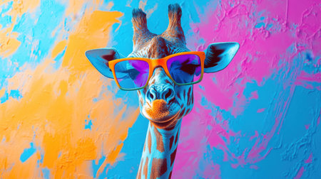 Surrealist giraffe in colorful glasses, whimsical background, blending wildlife with creativity.の素材