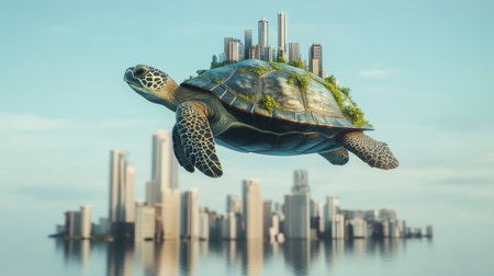Turtle floating above a city skyline, dreamlike scene blending nature and urban life in surreal concept.の素材