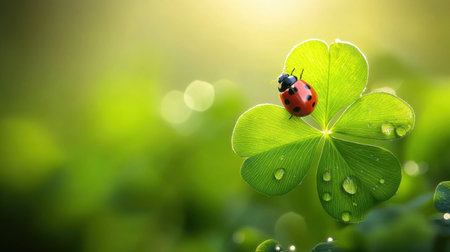 Tiny ladybug on dewy four-leaf clover, natural scene of luck and beauty in close-up view.の素材