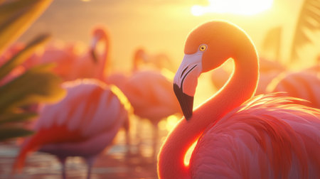 Stunning pink flamingos under the glow of sunset, creating an enchanting natural spectacle.の素材
