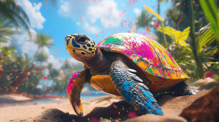 Turtle with colorful paint splatters on shell, set in a lush tropical landscape, creative art vibe.の素材