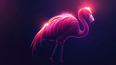 Stylized neon pink flamingo, layered with light gradients for a glowing, modern effect on dark backdropの素材