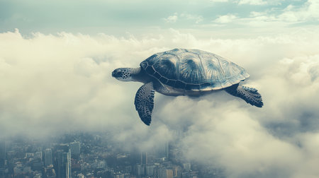 Turtle in the clouds above a bustling city, giving a fantastical view combining nature and architecture.の素材