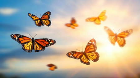 Swarm of monarch butterflies flying against a bright sky, each wing showcasing rich, vibrant patterns.の素材