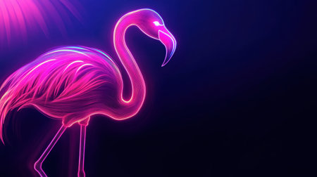 Stylized neon pink flamingo, layered with light gradients for a glowing, modern effect on dark backdropの素材