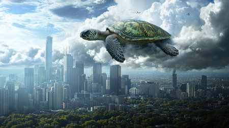 Turtle in the clouds above a bustling city, giving a fantastical view combining nature and architecture.の素材